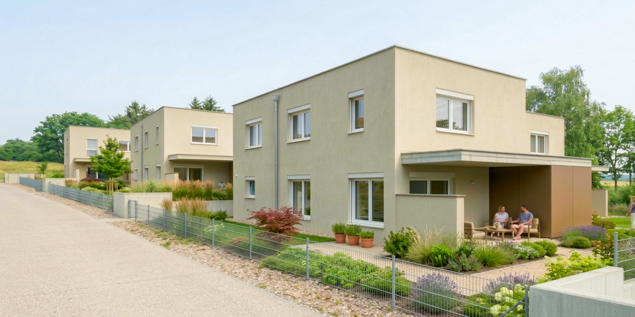 Reihenhausanlage Winden am See, Seeblick – Visualisierung des Wohnbauprojekts Visualisierung der neuen Reihenhausanlage Winden am See, Seeblick mit neun Wohneinheiten