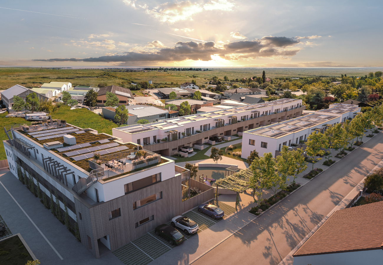 Visualisierung des Wohnbauprojekts „The Lagoon“ in Rust am Neusiedler See mit modernen Wohnungen und Reihenhäusern. Copyright © Agentur JamJam