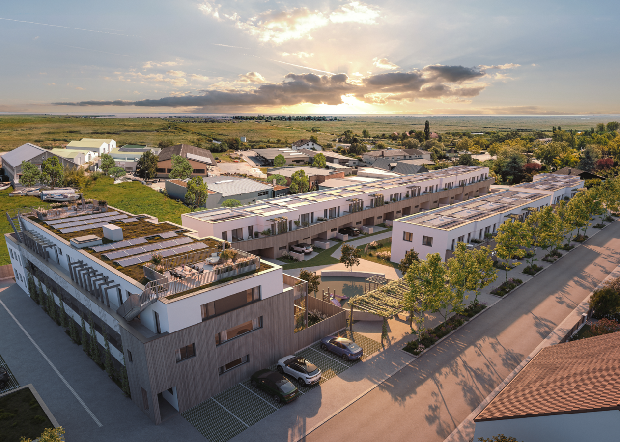 Visualisierung des Wohnbauprojekts „The Lagoon“ in Rust am Neusiedler See mit modernen Wohnungen und Reihenhäusern. Copyright © Agentur JamJam